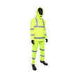 A PIP - Protective Industrial Products mannequin showcases the bright yellow PIP Viz ANSI Type R Class 3 Three-Piece Rainsuit 4033, featuring reflective silver stripes and consisting of a hooded jacket and pants, set against a white background.