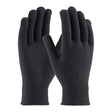 A pair of PIP Black 13 Gauge Seamless Knit Thermax Gloves 41-001, designed with ribbed cuffs for enhanced thermal insulation, is displayed. The gloves are positioned vertically against a plain white background, with the palms facing down.