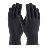 The PIP Black 13 Gauge Seamless Knit Thermax Glove 41-001, known for its excellent thermal insulation and ribbed cuffs, is displayed on a white background with the palms facing each other.