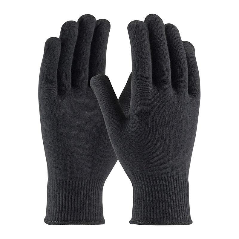 A PIP Black 13 Gauge Seamless Knit Thermax Glove 41-001, featuring thermal insulation and a ribbed cuff, displayed flat and facing up.