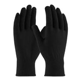 The image features the PIP Seamless Knit Polypropylene Glove 41-005 by Protective Industrial Products, displayed on a plain white background. These black gloves are arranged with the palms forward, highlighting their ribbed cuffs and smooth texture designed to provide thermal insulation for enhanced warmth.