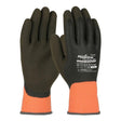 The Hi-Vis Gloves, designed by PIP - Protective Industrial Products, feature a striking black and orange color scheme with visible text and symbols on the palm side. The Latex MicroFinish Grip on these gloves highlights their suitability for industrial or heavy-duty applications, ensuring safety and functionality in demanding environments. Officially named the PIP PowerGrab Thermodex Hi-Vis Glove 41-1329, they come in a set of 12 pairs.