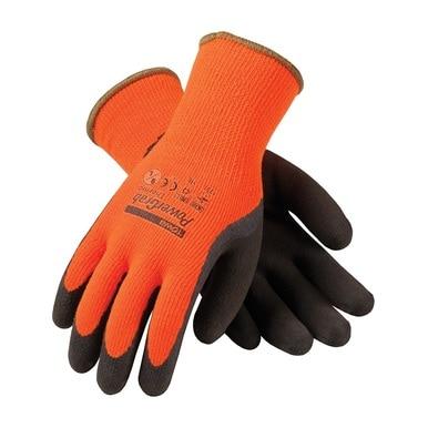 The PowerGrab Thermal Insulated Hi-Vis Gloves 41-1400 by PIP - Protective Industrial Products are orange and black gloves with rubberized palms and fingers. Safety standard symbols and material information are printed on the back, making these gloves perfect for high visibility during demanding tasks.