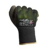 The Towa PowerGrab Thermo Insulated Glove 41-1430, by PIP - Protective Industrial Products, features a superior grip thanks to its latex micro-finish coating. Its sleek black exterior with green accents includes essential text and safety symbols, ensuring it is a dependable choice for any task.