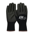 A pair of black PIP G-Tek PolyKor gloves with acrylic lining, designed for enhanced durability and cut resistance. These seamless knit gloves feature PVC foam grip-coated palms for optimal handling and have the brand and size details printed on the back.