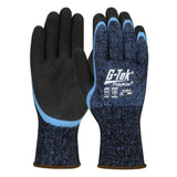 A pair of PIP G-Tek PolyKor/Acrylic Gloves, model 41-8014, in black and blue, are designed with a textured pattern for enhanced MicroSurface Grip. These gloves offer cold weather protection and feature symbols indicating superior cut and abrasion resistance, making them ideal for challenging environments. Sold in sets of 12 pairs by Protective Industrial Products (PIP).