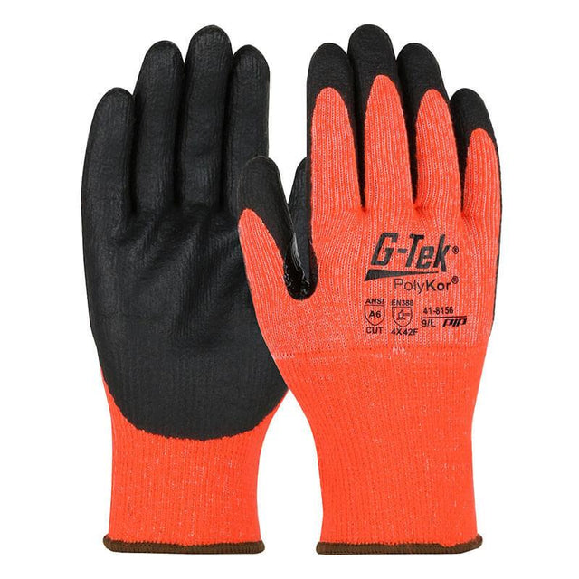 Two PIP G-Tek safety gloves are shown with one palm up and the other down. The gloves are orange with black nitrile foam grip on the palms and fingertips. The left glove features printed text and logos, providing details about cold weather protection, the PIP brand, and material specifications.