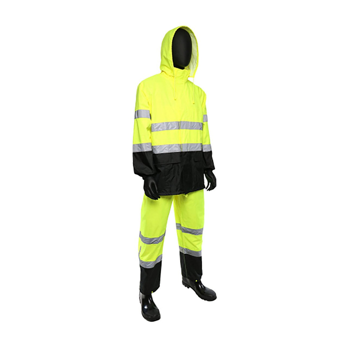 Against a white background, a mannequin displays the PIP - Protective Industrial Products' PIP Viz Two-Piece Rain Suit with Black Bottom 4530. This high-visibility rainwear is ANSI 107 compliant and features a waterproof design in vibrant yellow. The ensemble includes a hooded jacket and pants adorned with reflective silver stripes, completed by black gloves and boots.