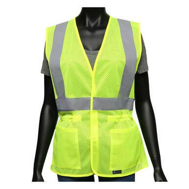 Displayed on a mannequin is the PIP ANSI Viz-Up Type R Class 2 Woman's Contoured Vest 47207, a striking piece by PIP - Protective Industrial Products. It comes in a vibrant yellow hue with silver reflective tape, overlaid on a gray shirt. This hi-visibility vest is crafted from breathable mesh material and includes practical front pockets for enhanced functionality.