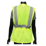 The image displays a mannequin dressed in the PIP ANSI Viz-Up Type R Class 2 Woman's Contoured Vest 47207, a hi-visibility yellow safety vest from PIP - Protective Industrial Products. It features silver reflective tape forming gray stripes on the back and is layered over a gray shirt.