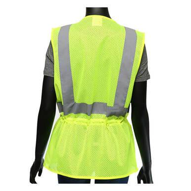 The image displays a mannequin dressed in the PIP ANSI Viz-Up Type R Class 2 Woman's Contoured Vest 47207, a hi-visibility yellow safety vest from PIP - Protective Industrial Products. It features silver reflective tape forming gray stripes on the back and is layered over a gray shirt.