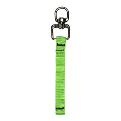 The PIP - Protective Industrial Products Webbing Tool Connector features a vibrant green design with a metallic clasp at the top, attached to a sturdy tether point, and includes a loop of green fabric.