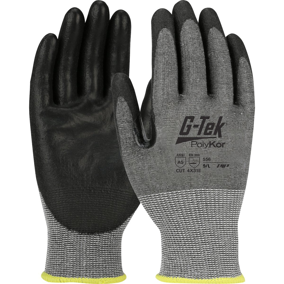 The "PIP G-Tek PolyKor Blended Glove PU Coated Smooth Grip 556" from Protective Industrial Products offers ANSI A5 cut resistance and a seamless design, featuring a black palm coating and gray fabric on the back. Additionally, they include yellow trim at the cuff for enhanced style and are touchscreen compatible, providing both safety and modern convenience.