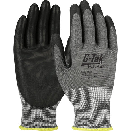 A pair of PIP G-Tek PolyKor Blended Gloves from Protective Industrial Products, featuring black PU coated smooth grip palms and gray fabric on the back with a yellow wrist trim. These gloves provide ANSI A5 cut resistance and are clearly labeled. They are displayed with the palm up and back up positions, and they support touchscreen compatibility.