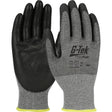 These gray and black PIP G-Tek PolyKor Blended Gloves, offering ANSI A5 cut resistance, are designed with a textured black coating on the palms and fingers. The gloves feature gray fabric on the back with yellow cuff trim for added style, and boast touchscreen compatibility for enhanced efficiency. Displayed front and back.