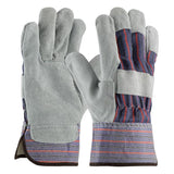 The PIP Split Cowhide Leather Palm Gloves with a red fleece lining, crafted by Protective Industrial Products, are ideal for winter work. These gloves feature a gray leather palm combined with a blue, red, and gray striped fabric back, providing reinforced padding on the palms and fingers for outstanding durability and protection during cold weather manual labor.