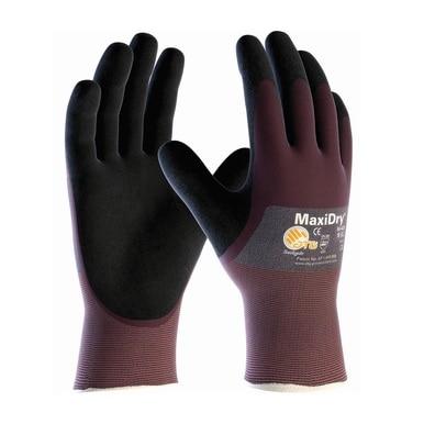 A pair of MaxiDry Ultra Lightweight Nitrile Coated Gloves (56-425) by PIP - Protective Industrial Products, featuring nitrile coating with black palms and fingers, complemented by dark red backs and cuffs. The brand logo and product features are prominently visible on the back of one glove, providing precision handling for various tasks.