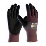 A pair of maroon and black MaxiDry Ultra Lightweight Nitrile Coated Gloves 56-425, designed for flexible and comfortable wear. These gloves feature a smooth, nitrile-coated black palm for precision handling, with the PIP - Protective Industrial Products brand name visible on the back of one glove.