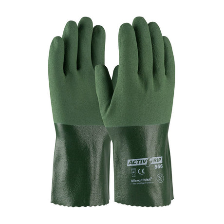 The PIP ActivGrip Nitrile Coated Gloves feature a green rubber design with a darker green wrist area and are branded with "ActivGrip" and the model number "56-AG566" printed in white. They are EN388 Certified for enhanced protection.