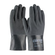 The PIP ActivGrip Nitrile Coated 10" Gloves, from Protective Industrial Products, feature a black and dark gray design with a comfortable cotton liner. Displayed palm side up and down, they offer a textured surface through the MicroFinish Grip technology. Text is printed on the back for easy identification.