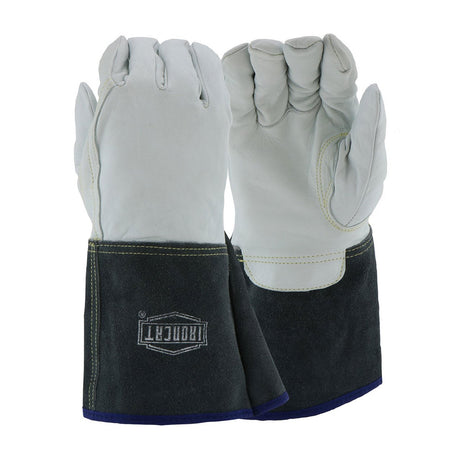 A pair of PIP Ironcat Premium Leather Tig Gloves (from a pack of 6 pairs) made with Top Grain Kidskin Leather, featuring gray accents, black cuffs with reinforced stitching, and a logo on the cuff.