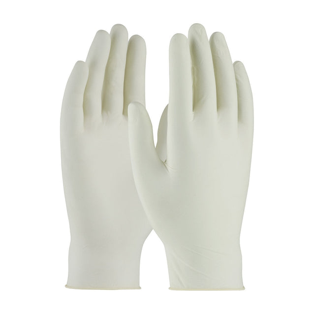 The PIP Ambi-dex Repel Disposable Latex Glove 62-322PF, from Protective Industrial Products, is showcased against a plain white background. These powder-free gloves are arranged side by side, with one slightly overlapping the other to highlight their textured grip and design.