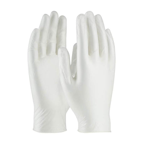 The PIP Ambi-dex Industrial Grade Disposable Vinyl Gloves 64-V2000, produced by Protective Industrial Products, are shown against a white background with one glove palm facing up and the other palm facing down.