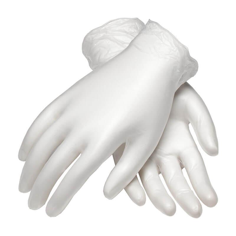 A pair of PIP Ambi-dex Industrial Grade Disposable Vinyl Gloves 64-V2000 from Protective Industrial Products, featuring a pristine white finish with a smooth surface and slightly crinkled cuffs, displayed with one glove neatly layered over the other.