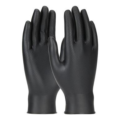 A pair of PIP Grippaz Skins Gloves 67-246 in black is displayed upright against a white background. These gloves, known for their distinctive fish scale design, feature a slightly glossy finish and are crafted from a flexible material.