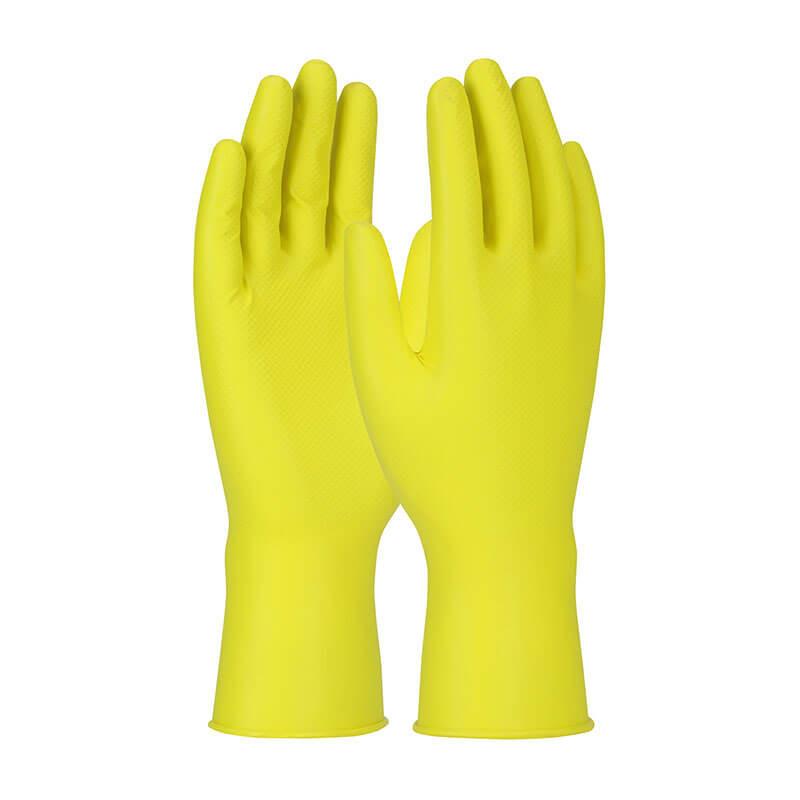 The PIP Grippaz Jan San Gloves 67-306 by Protective Industrial Products are shown upright with palms facing forward. These bright yellow rubber gloves are tear-resistant and feature a textured surface to enhance grip performance, making them ideal for cleaning or household chores.