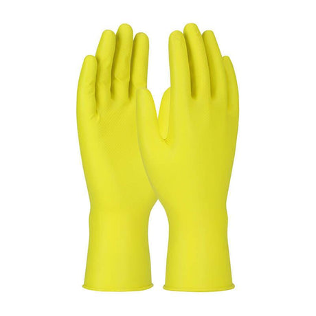 The PIP Grippaz Jan San Gloves 67-306 by Protective Industrial Products are shown upright with palms facing forward. These bright yellow rubber gloves are tear-resistant and feature a textured surface to enhance grip performance, making them ideal for cleaning or household chores.