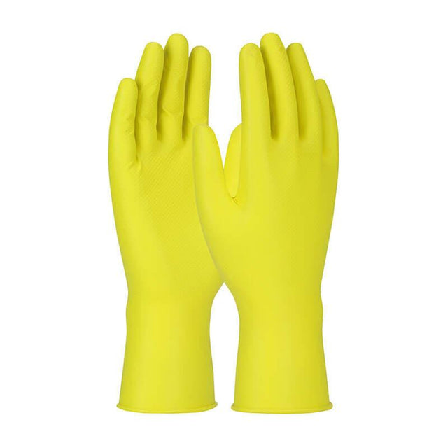 The PIP Grippaz Jan San Gloves 67-306 by Protective Industrial Products are shown upright with palms facing forward. These bright yellow rubber gloves are tear-resistant and feature a textured surface to enhance grip performance, making them ideal for cleaning or household chores.