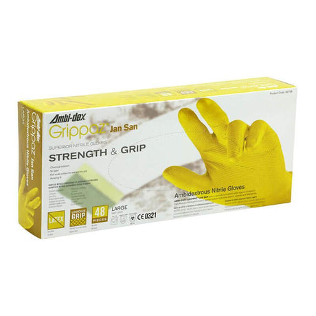 Box of PIP Grippaz Jan San Gloves 67-306 featuring a yellow glove image. Text highlights "Superb Nitrile Gloves" with "Tear-Resistant Strength & Grip Performance" benefits. Box contains 48 large, ambidextrous gloves from PIP - Protective Industrial Products.