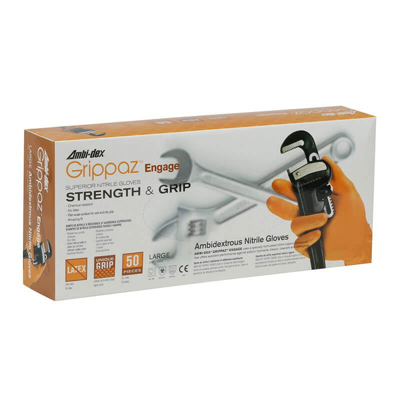 A box of PIP Grippaz Engage Gloves 67-307, ideal for handling oily or wet parts. The orange and white packaging showcases an image of a gloved hand gripping a tool. Each box contains 50 large gloves designed for strength and superior grip performance, with various product certifications displayed.