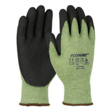 The PIP PosiGrip Seamless Gloves with Nitrile Foam, from Protective Industrial Products, are displayed in green and black. One glove's back showcases printed text for size and certifications. The design incorporates a black coating on the palms and fingertips to ensure superior grip while providing cut-resistant protection for demanding tasks.