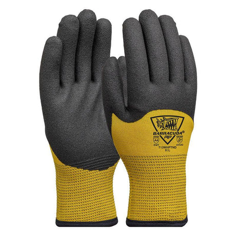 A pair of PIP Barracuda HPPE/Nylon gloves (713WHPTND) with black rubber-coated fingers and palms, yellow fabric wrists, and a seamless knit design. These gloves incorporate a PVC foam grip for enhanced durability and cold weather protection, making them ideal for heavy-duty tasks in various conditions.