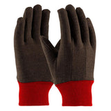 The PIP Reg. Weight Poly/Cotton Jersey Gloves with Fleece Lining, model 750RKW, are presented upright against a plain white background. These dark brown gloves, featuring bright red cuffs from PIP - Protective Industrial Products, offer a cozy fleece lining for enhanced warmth.