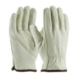 A pair of the PIP Economy Top Grain Cowhide Leather Drivers Glove 77-265 features an off-white top grain cowhide leather construction with brown trim along the cuffs. The gloves highlight a keystone thumb design, visible with the palm up, showcasing reinforced stitching and a natural thermal lining. Additionally, there is elastic detail at the wrist for a secure fit. This product is by PIP - Protective Industrial Products and comes as part of a 12-pair set.