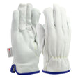 The PIP Premium Top Grain Cowhide Leather Drivers Glove 77-269 from Protective Industrial Products features white cowhide leather with blue trim and elasticized wrists, designed for maximum dexterity with a Keystone Thumb. The gloves also include a small logo tag on the side and are displayed upright to highlight both the palm and back sides.