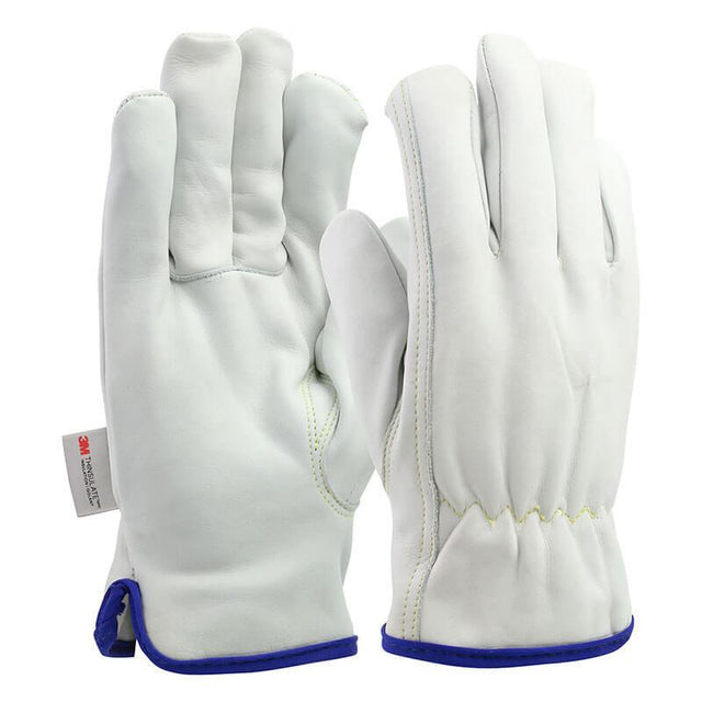 The PIP Premium Top Grain Cowhide Leather Drivers Glove 77-269 from Protective Industrial Products features white cowhide leather with blue trim and elasticized wrists, designed for maximum dexterity with a Keystone Thumb. The gloves also include a small logo tag on the side and are displayed upright to highlight both the palm and back sides.