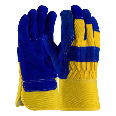 The PIP Premium Split Cowhide Leather Palm Gloves 78-7863B, offered as a pack of 12 pairs by Protective Industrial Products (PIP), feature a blue and yellow design with reinforced palms and fingers. They include detailed stitching and elastic wrists, crafted from split cowhide leather for durability in cold weather conditions.