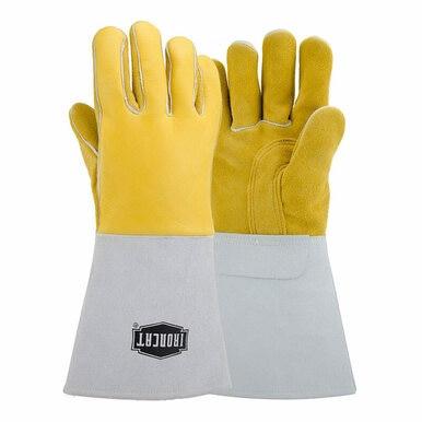 The PIP Ironcat Elkskin Leather Welder's Gloves 9060 feature yellow leather fingers and gray cuffs for superior heat protection. They are reinforced with Kevlar stitching for enhanced durability, and the "IRONCLT" logo is prominently displayed on one of the gloves.