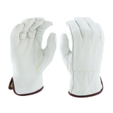 Against a white background, the PIP Economy Top Grain Sheepskin Leather Drivers 9110 gloves, manufactured by Protective Industrial Products, are showcased. These gloves feature reinforced stitching and a dark brown trim at the cuffs. One glove displays its keystone thumb and palm design, while the other highlights its aramid blended lining for increased durability.