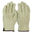 A pair of cream-colored PIP Economy Top Grain Pigskin Leather Drivers Gloves 994KF, featuring a Keystone Thumb for flexibility, is displayed with one glove showing the palm-up view and the other displaying the back of the hand. The gloves are accented with black trim at the cuffs and laid flat against a white background.