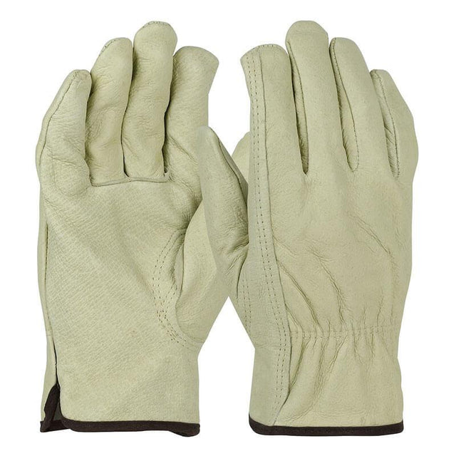 A pair of cream-colored PIP Economy Top Grain Pigskin Leather Drivers Gloves 994KF, featuring a Keystone Thumb for flexibility, is displayed with one glove showing the palm-up view and the other displaying the back of the hand. The gloves are accented with black trim at the cuffs and laid flat against a white background.