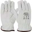 Two white PIP Boss Xtreme Cowhide Leather Gloves KS992K from Protective Industrial Products, featuring safety ratings and branding printed on the back. These gloves boast Kevlar-stitched seams for enhanced durability and have brown trim at the wrist. They are exhibited with one glove palm up and the other palm down against a white background.