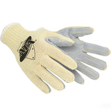 The PIP Boar Hog Seamless ATA gloves (MATA30-BH) by Protective Industrial Products feature a woven fabric exterior with gray padded palms reinforced with split cowhide leather for enhanced durability. The back of one glove displays a black "AVA" logo. These gloves provide cut protection, making them ideal for work tasks while ensuring both comfort and grip.