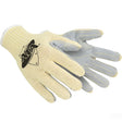 The PIP Boar Hog Seamless ATA w/Split Cowhide MATA30-BH work gloves come in beige and feature gray split cowhide leather palms with a textured exterior. These gloves, crafted by Protective Industrial Products (PIP), incorporate seamless knit construction and display a logo with stylized lettering.