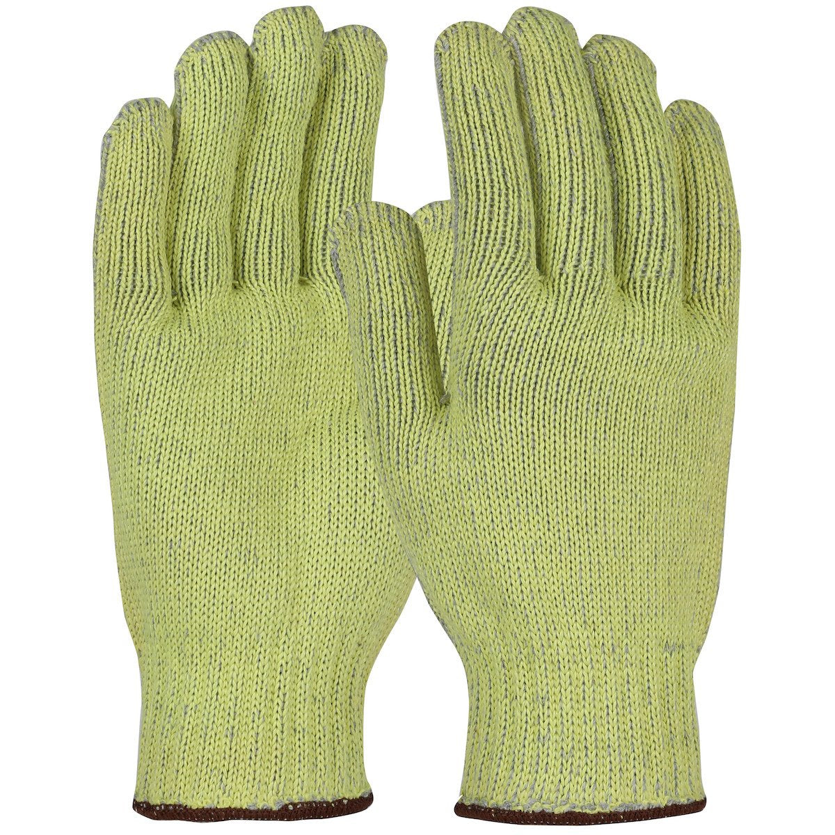 The PIP Kut Gard A6 Seamless Knit ATA MATA500 gloves, available in a vibrant yellow with straight fingers and brown cuffs, offer excellent cut resistance and are showcased against a white background.