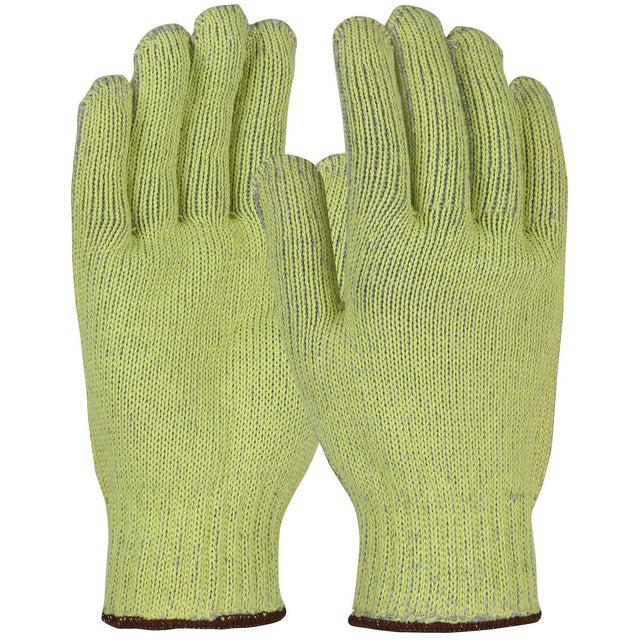 The PIP Kut Gard A6 Seamless Knit ATA MATA500 gloves, available in a vibrant yellow with straight fingers and brown cuffs, offer excellent cut resistance and are showcased against a white background.